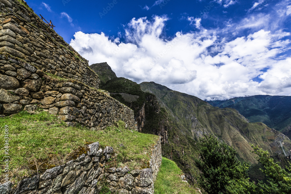 Blue sky above the terraces of Machu Picchu