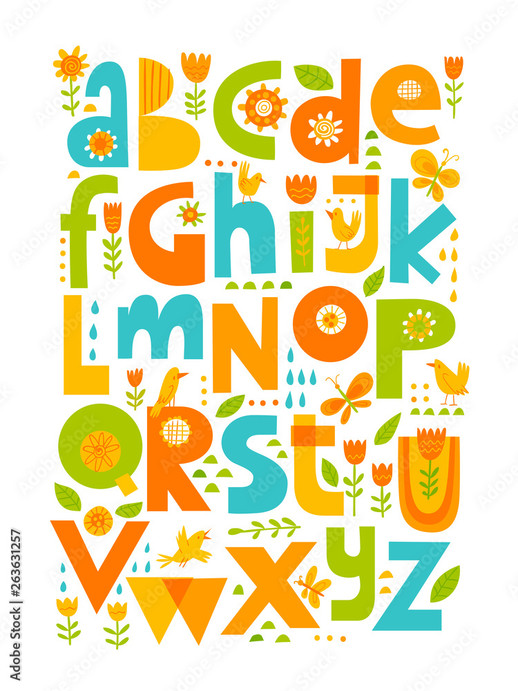 Vector ABC with decorative elements. Vector cartoon alphabet. 