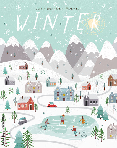 Winter. Cute vector illustration of the Christmas, New Year winter landscape with houses, mountains, people, trees and a skating rink. Top vieц