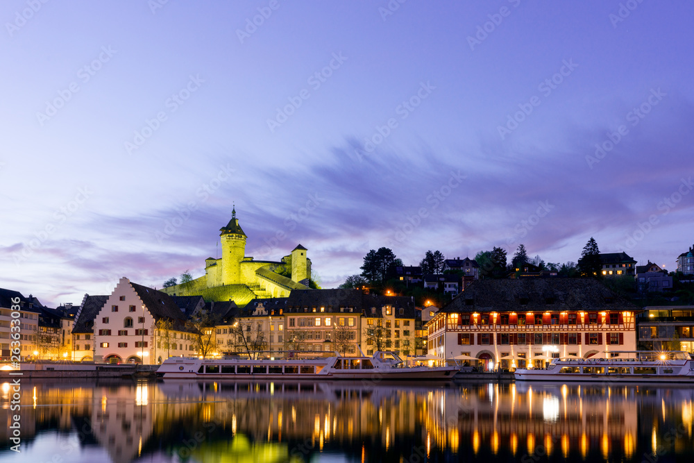 cityscape of Schaffhausen with the Rhine River and Munot at sunset
