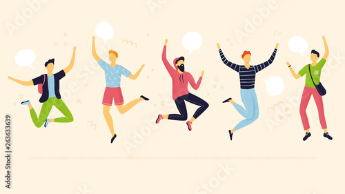 Abstract team members jumping. Flat design. Happy men in cartoon style. Concepts of partnership, teamwork, celebration or enjoying life.