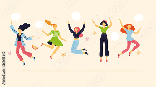 Abstract team members jumping. Flat design. Cute women in cartoon style. Concepts of partnership, teamwork, celebration or enjoying life.