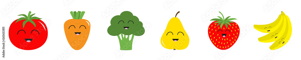 Fruit berry vegetable smiling face icon set line. Pear strawberry banana,Tomato, carrot broccoli. Cute cartoon kawaii character. Flat design. White background. Fruit berry vegetable smiling face icon set line. Pear strawberry banana,Tomato, carrot broccoli. Cute cartoon kawaii character. Flat design. White background.