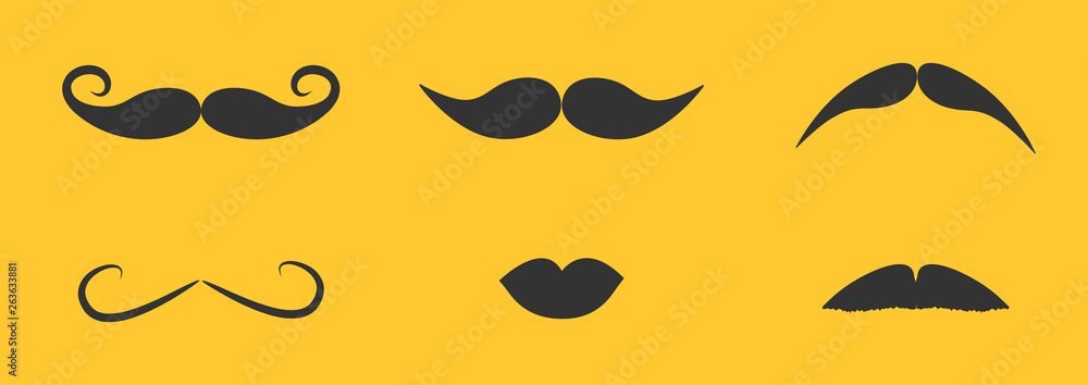 Mustaches and lips icon set line. Moustaches hair. Flat design. Yellow background. Isolated. Mustaches and lips icon set line. Moustaches hair. Flat design. Yellow background. Isolated.
