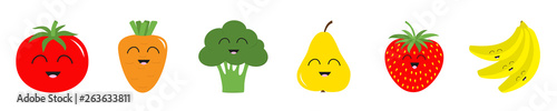 Fruit berry vegetable smiling face icon set line. Pear strawberry banana,Tomato, carrot broccoli. Cute cartoon kawaii character. Flat design. White background.