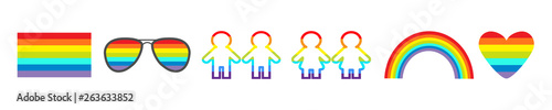 Rainbow gasses, heart, sunglasses, flag, girl boy pictogram icon set line. Gay marriage. LGBT pride sign symbol. Flat design. White background.