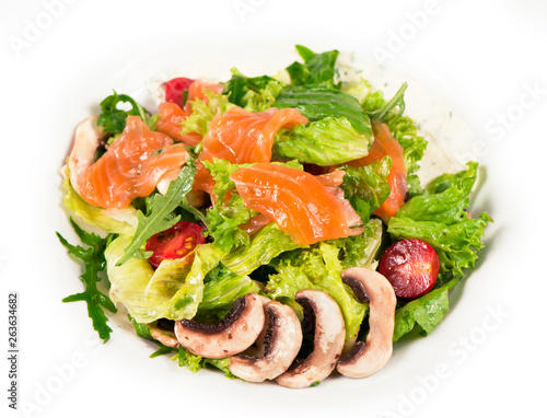 Salad with smoked salmon, mushroom and lettuce