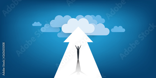 New Possibilities, Hope, Dreams - Business, Solutions Finding Concept - Man Standing on a Big Arrow Pointing to Clouds at the End of the Road 