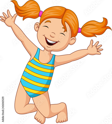 Cartoon happy girl in a swimsuit 