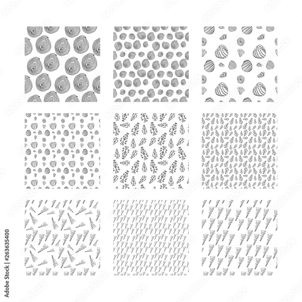 set of hand-drawn seamless textures. black and white vector illustration