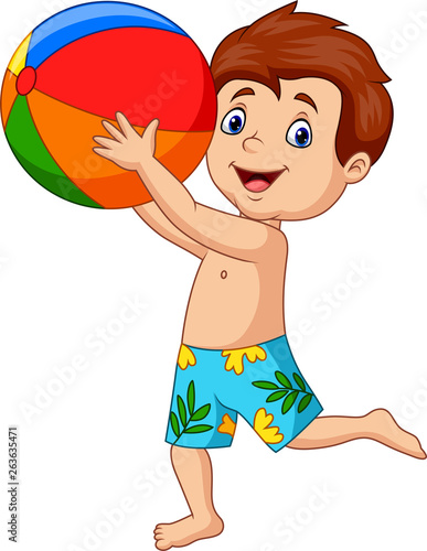 Cartoon happy boy holding beach ball