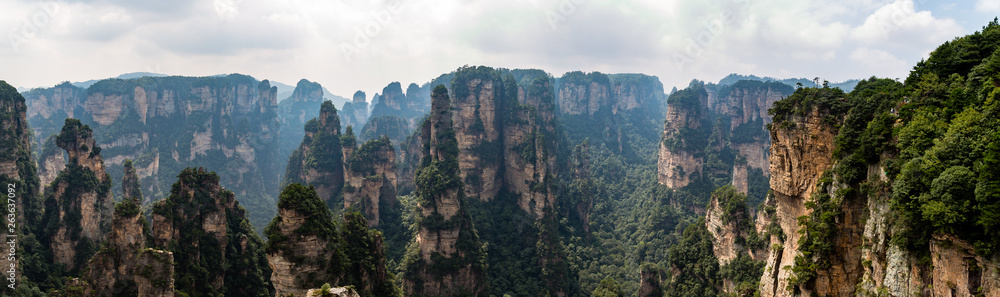 Panoramic view from Mi Hun Platform in Yuanjiajie area in the Wulingyuan National Park, Zhangjiajie, Hunan, China. Wulingyuan National park was the inspiration for the movie Avatar