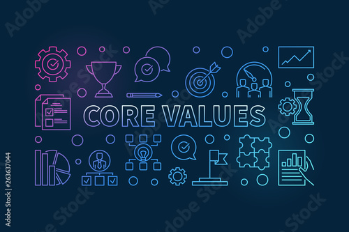 Vector Core Values horizontal concept colorful outline illustration on dark background