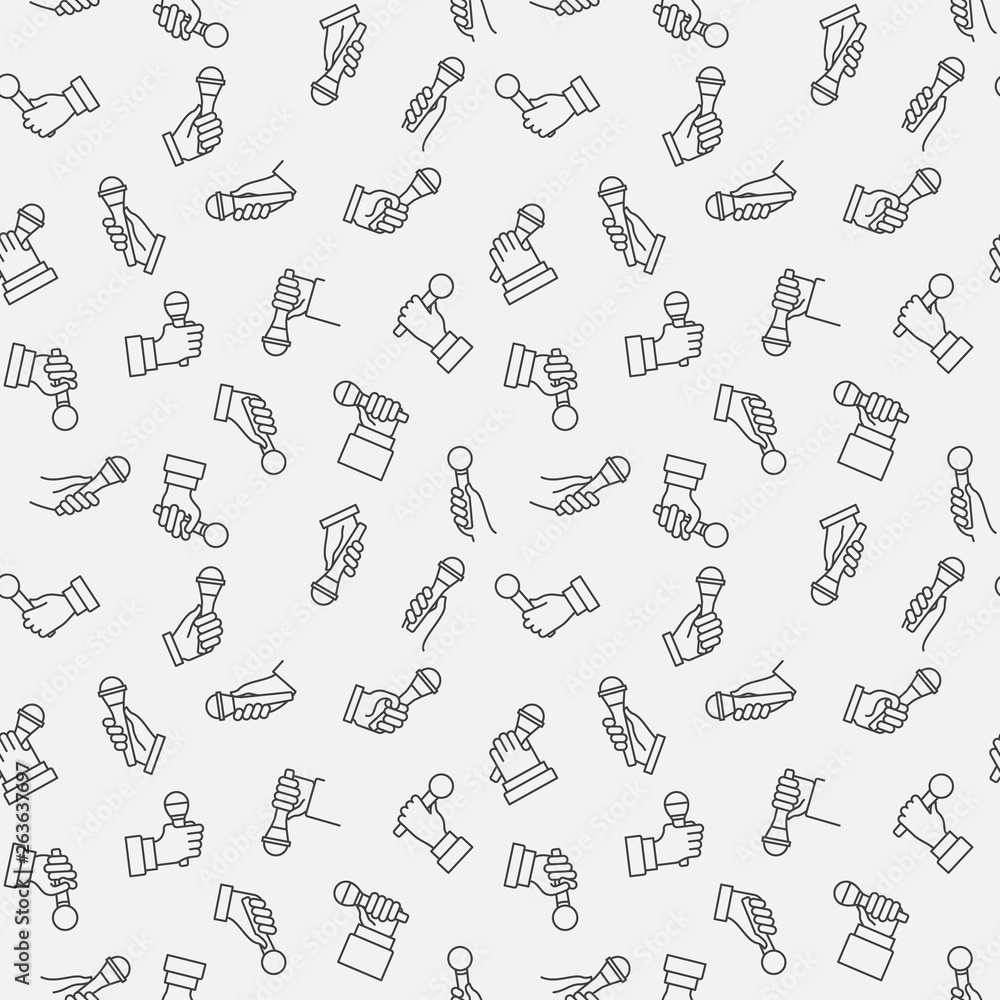 Hand with Microphone vector concept minimal seamless pattern in thin line style Hand with Microphone vector concept minimal seamless pattern in thin line style