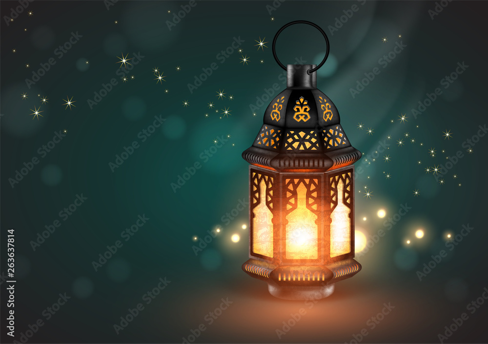 Eastern lamp with openwork decor on a blue background with highlights. 3D vector. High detailed realistic illustration. Eastern lamp with openwork decor on a blue background with highlights. 3D vector. High detailed realistic illustration.