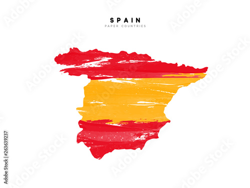 Spain detailed map with flag of country. Painted in watercolor paint colors in the national flag
