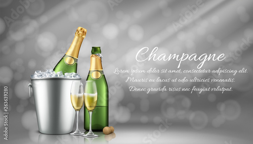 Champagne bottle in ice bucket and two full glasses on grey blurred background with sun rays. Closed and open bubbly flask with sparkling vine drink and cork. Realistic 3d vector illustration, banner.