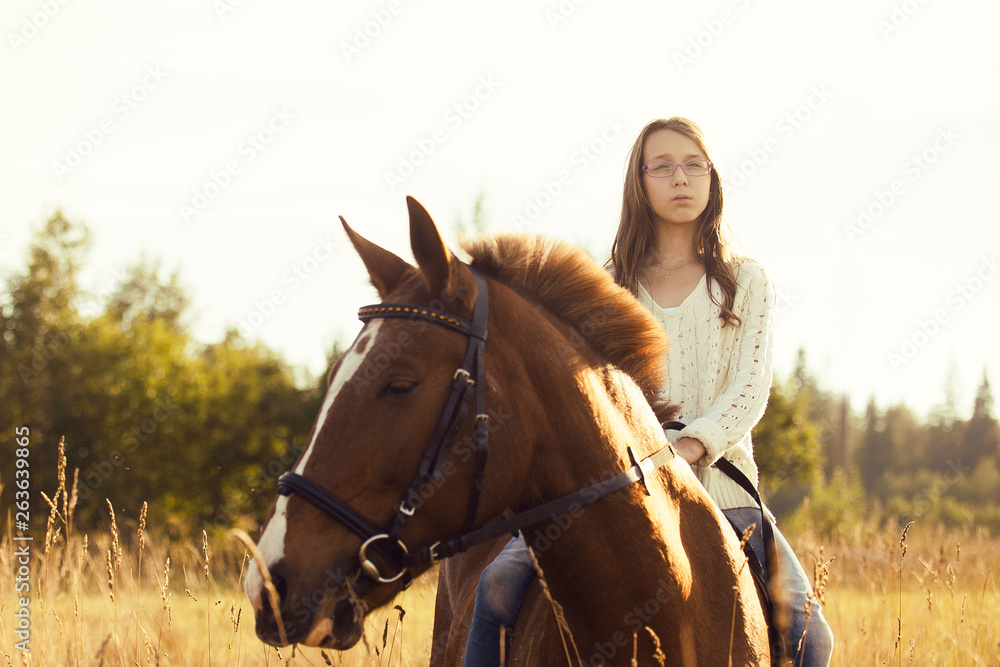 Fototapeta premium Young girl on the sorrel horse