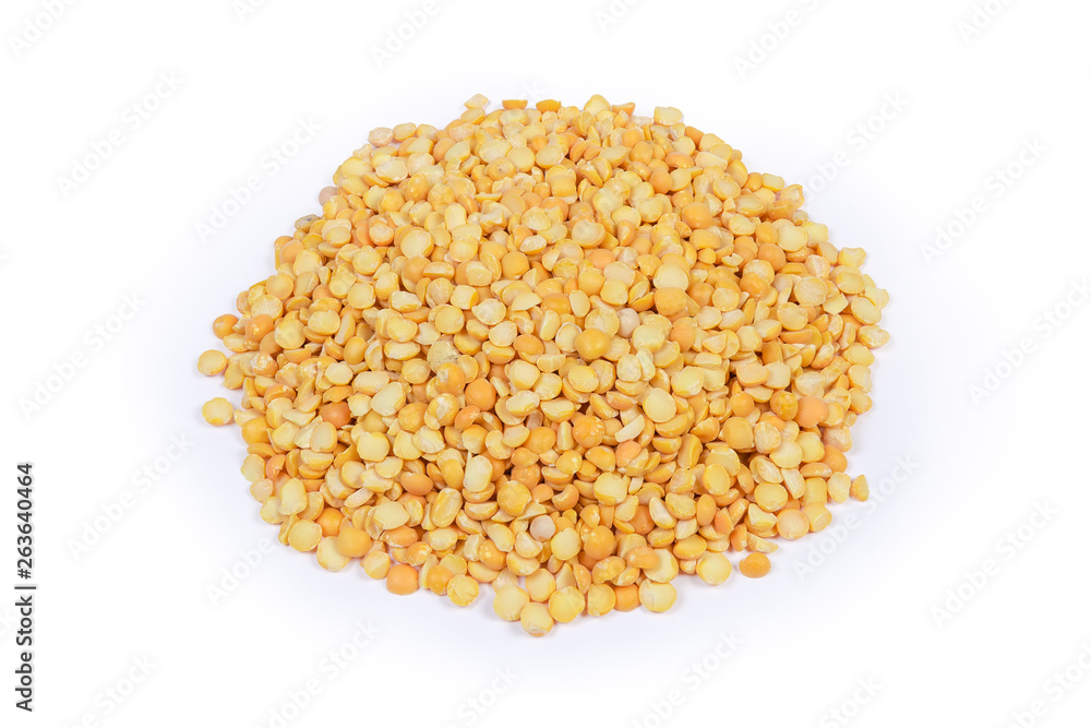 Pile of yellow split peas on a white background