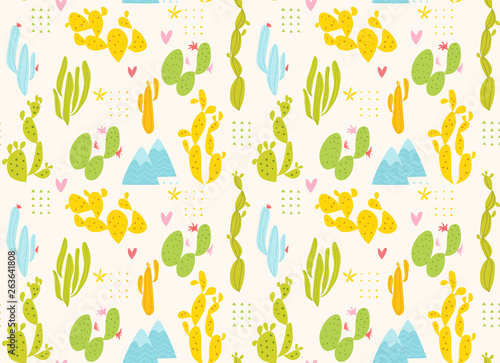 Fototapeta Naklejka Na Ścianę i Meble -  Vector summer seamless pattern with cute cactus.