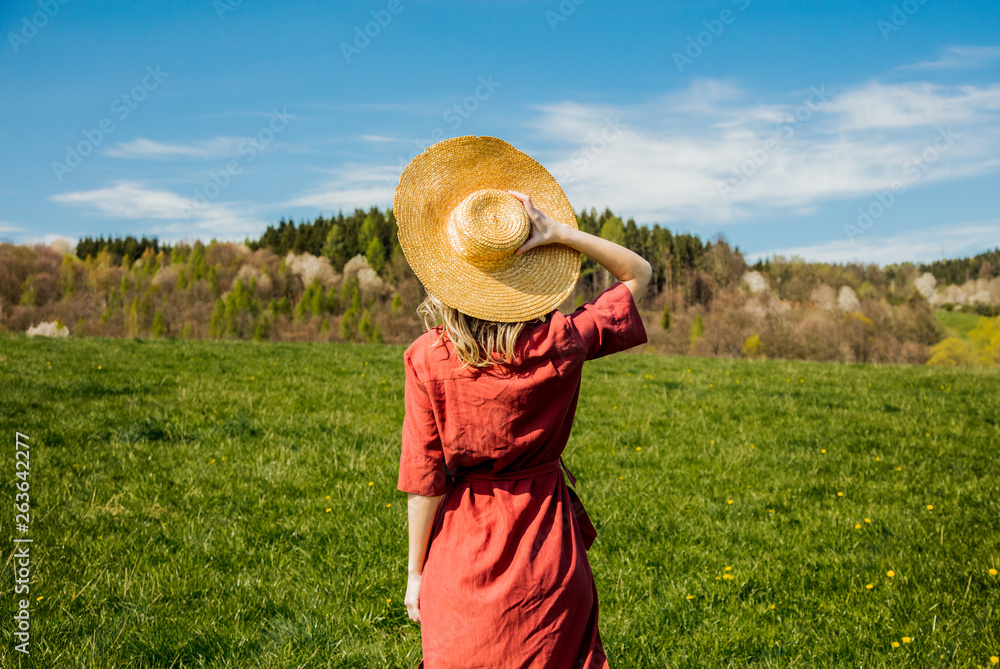 Beautiful girl in red dress and hat have a carefree time on meadow