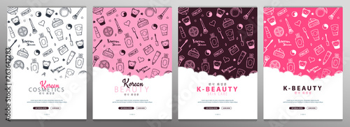 Korean cosmetics. Set of K-Beauty banners with hand draw doodle backgrounds. Skincare and Makeup. Vector Illustration.