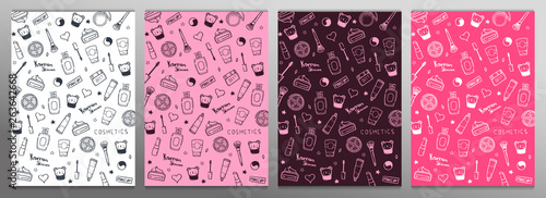 Korean cosmetics. Set of K-Beauty banners with hand draw doodle backgrounds. Skincare and Makeup. Vector Illustration.