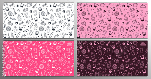 Korean cosmetics. Set of K-Beauty banners with hand draw doodle backgrounds. Skincare and Makeup. Vector Illustration.