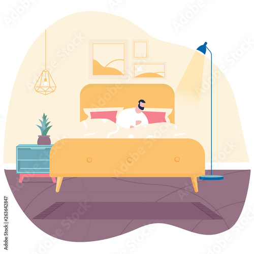 Man sleeping on bed in bedroom at hotel. Sleepless night. Sleep disorders concept. Man bearded hipster in apartment. Violations of sleep and wakefulness. Guy lying in bed try to relax and fall asleep.