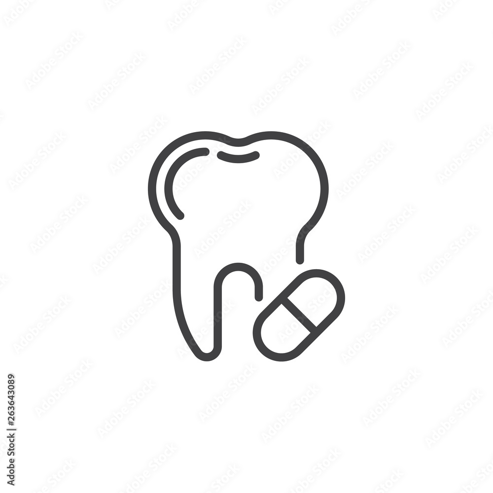 Toothache painkiller tablet line icon. Tooth and pill linear style sign for mobile concept and web design. Tooth care medicine outline vector icon. Symbol, logo illustration. Pixel perfect vector Toothache painkiller tablet line icon. Tooth and pill linear style sign for mobile concept and web design. Tooth care medicine outline vector icon. Symbol, logo illustration. Pixel perfect vector