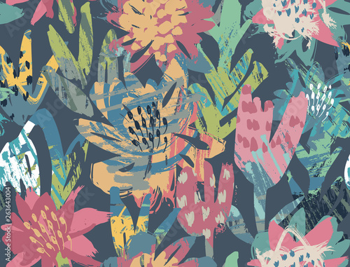 Vector seamless pattern with flowers and hand painted texture