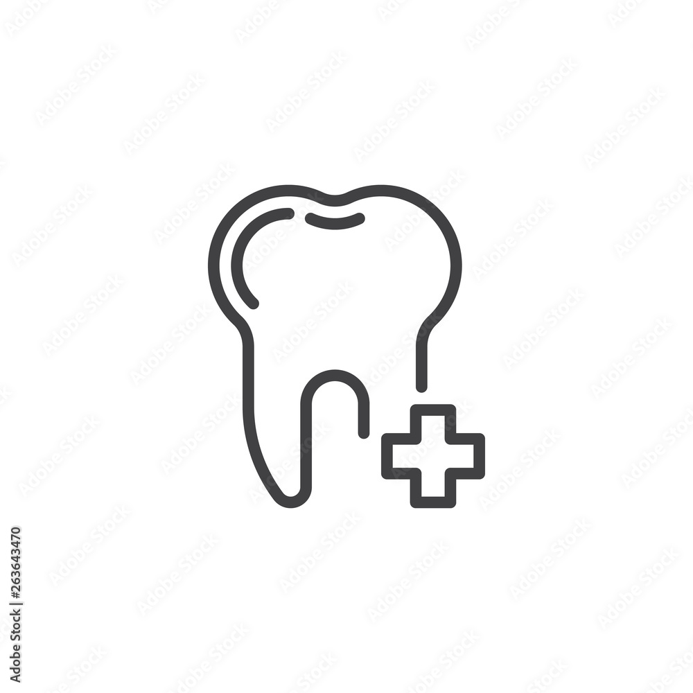 Dental tooth with medical cross line icon. linear style sign for mobile concept and web design. Add tooth plus outline vector icon. Dentistry, stomatology and dental care symbol, logo illustration. Dental tooth with medical cross line icon. linear style sign for mobile concept and web design. Add tooth plus outline vector icon. Dentistry, stomatology and dental care symbol, logo illustration.