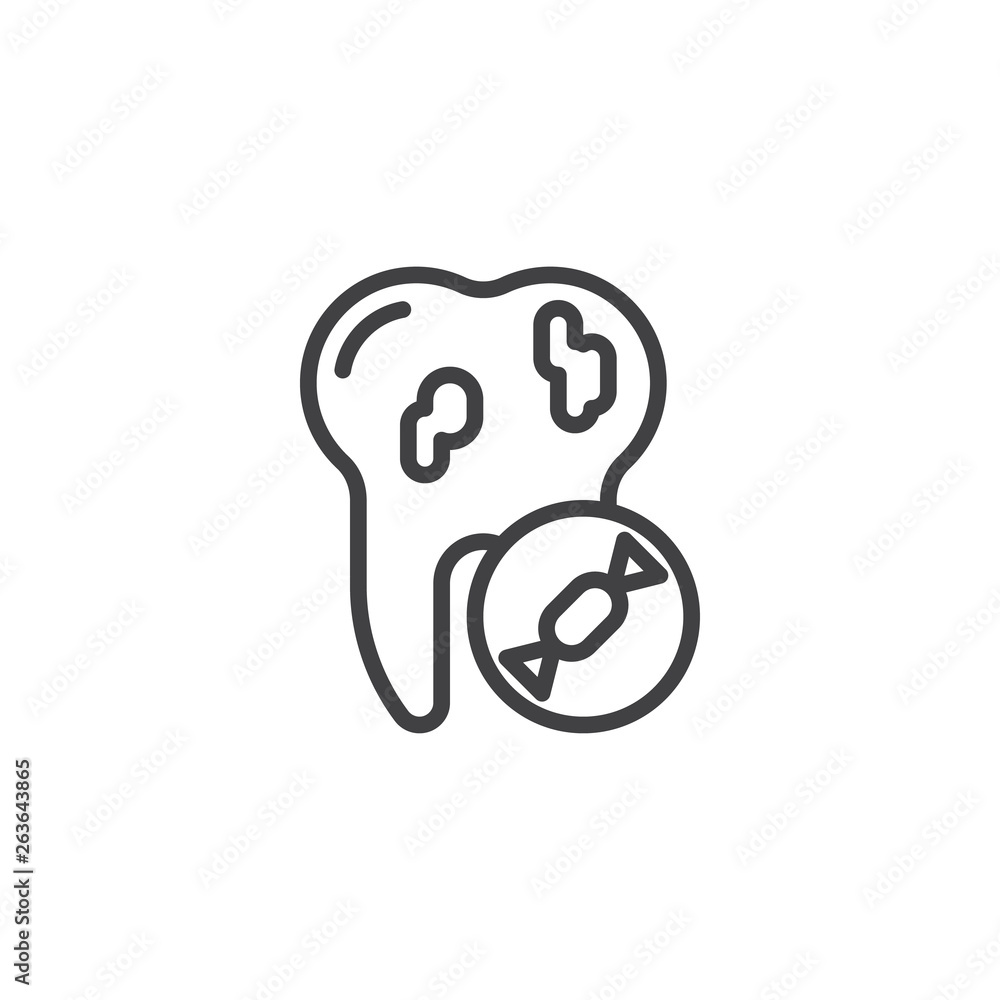 Unhealthy tooth line icon. Teeth caries linear style sign for mobile concept and web design. Bad tooth and candy sweets outline vector icon. Dental care symbol, logo illustration. Pixel perfect vector Unhealthy tooth line icon. Teeth caries linear style sign for mobile concept and web design. Bad tooth and candy sweets outline vector icon. Dental care symbol, logo illustration. Pixel perfect vector