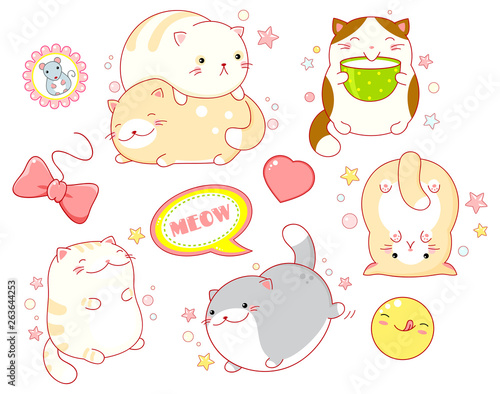 Set of cute cats in kawaii style photo