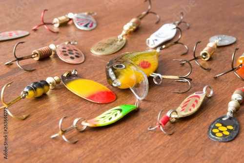 Baits for fishing is on the wooden background.