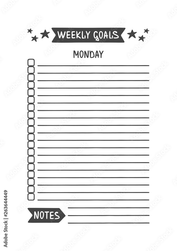 Weekly Goals. Monday. Vector Template for Agenda, Planner and Other Stationery. Printable Organizer for Study, School or Work. Objects Isolated on White Background. Weekly Goals. Monday. Vector Template for Agenda, Planner and Other Stationery. Printable Organizer for Study, School or Work. Objects Isolated on White Background.