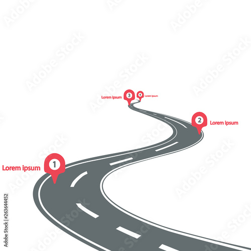 Curved road infographic with red pins checkpoint