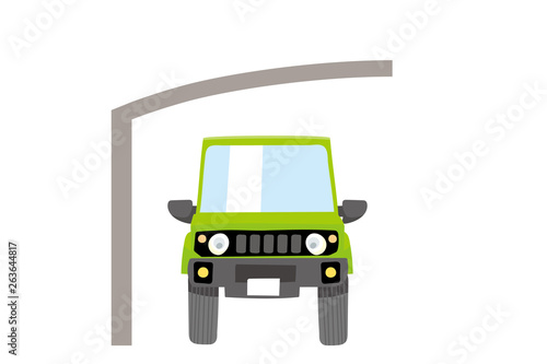 Cute car and carport, illustration of garage, four wheel drive car