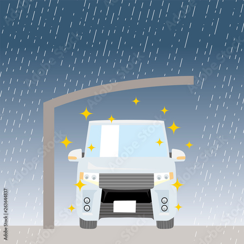 Cute car and carport, illustration of garage, carport protecting car from heavy rain, minivan