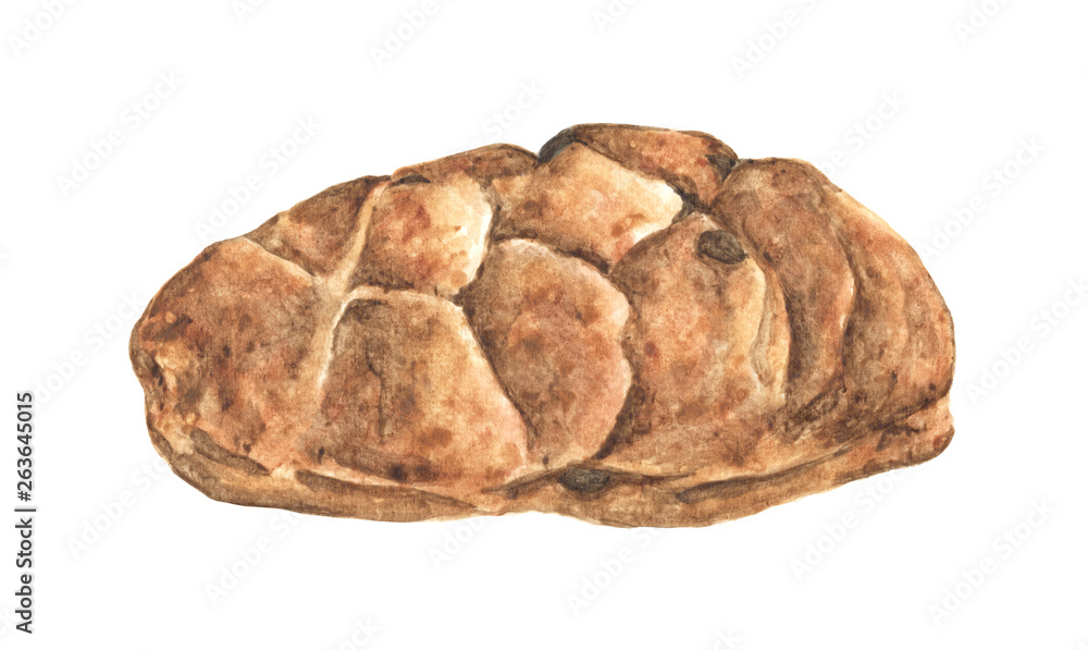 Hand painted watercolor of freshly baked bread isolated on white background. food menu item Illustration, food drawing in vintage style.