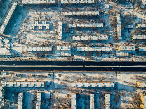 Aerial view of a freeway intersection Snow-covered in winter. © Ivan Baranov