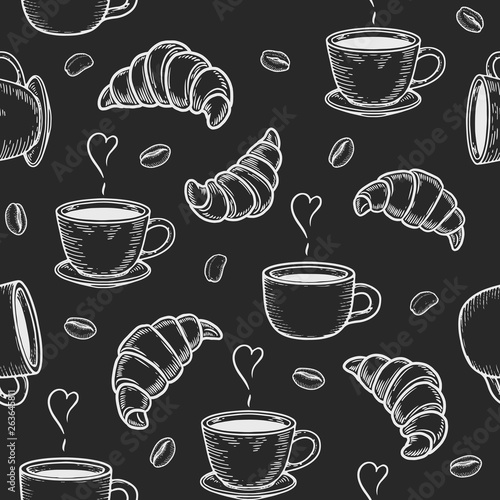 croissant, cup and coffee bean seamless pattern