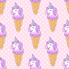 Fototapete Einhornmuster Einhorn Eiscreme Muster Rosa Punkte  © viairevi