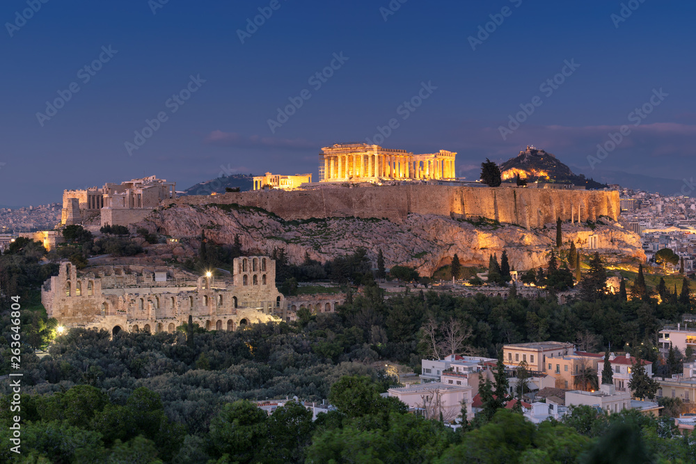 Night view of the Acropolis of Athens, Greece, with the Parthenon Temple 