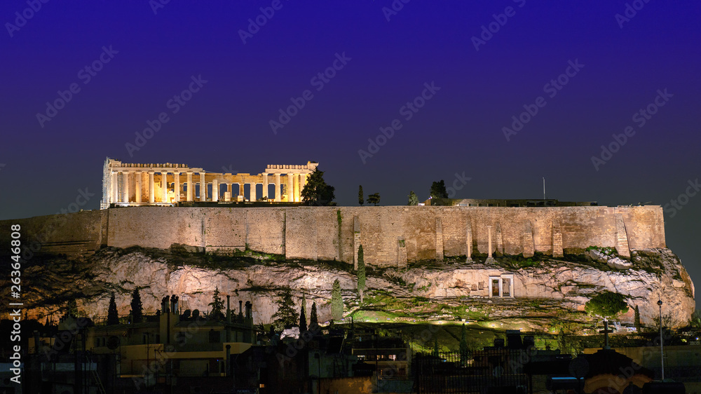 Night view of the Parthenon Temple on   Acropolis Hill of Athens, Greece