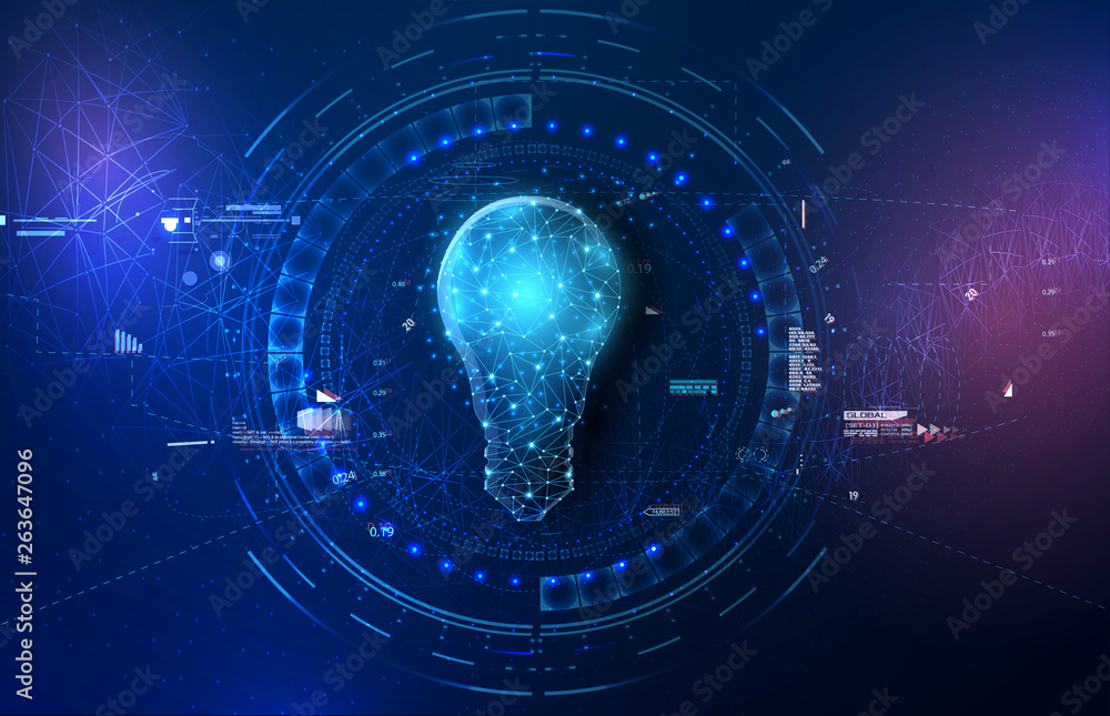 Abstract background with glowing light blue connection dots over digital lightbulb. Future technology, innovation background, creative idea concept. - obrazy, fototapety, plakaty 