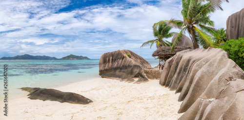 Seychelles beach. Panoramic view of exotic beach in Seychelles, La Digue island.