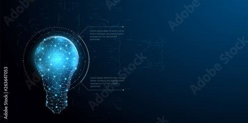 Abstract background with glowing light blue connection dots over digital lightbulb. Future technology, innovation background, creative idea concept.