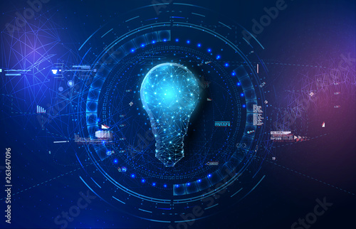 Abstract background with glowing light blue connection dots over digital lightbulb. Future technology, innovation background, creative idea concept.