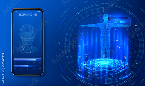 Artificial intelligence. Biometric identification or Facial recognition system concept. concept of biometric technology, digital Face Scanning,human head. Biometric verification. Modern graphic design